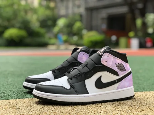 Air Jordan 1 Mid DM1200-001 Black White Purple Tie-Dye Basketball Shoes