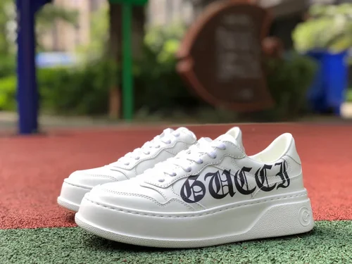 GUCCI Low-Top Canvas Platform Sneakers in White & Logo Print