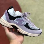 CHANEL Knit and Suede Effect Sneakers in White Black and Purple