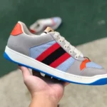 GUCCI Screener Low-Top Distressed Mesh Sneakers in Grey Orange & Blue