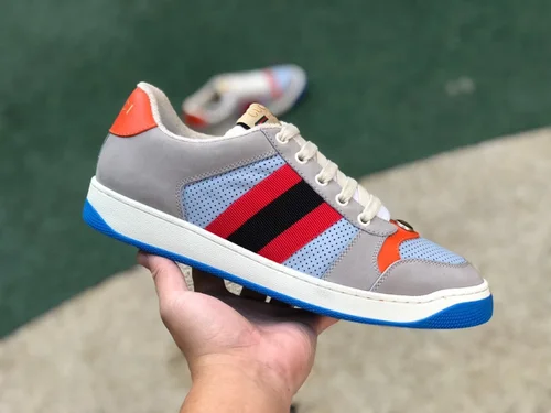 GUCCI Screener Low-Top Distressed Mesh Sneakers in Grey Orange & Blue