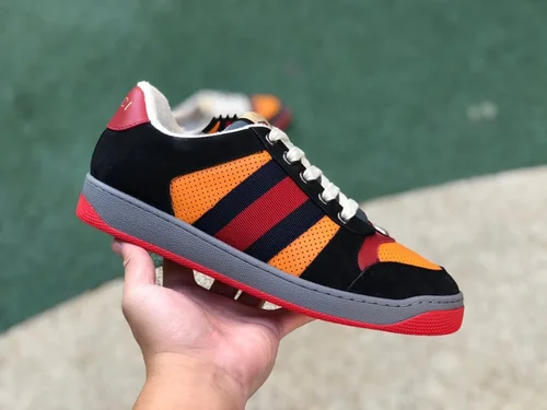 GUCCI Screener Low-Top Distressed Mesh Sneakers in Black Yellow & Red