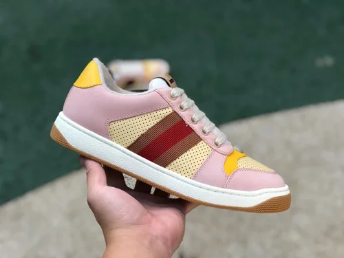 Gucci Screener Pink Yellow Distressed Mesh Low Top Fashion Sneakers