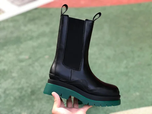 Bottega Veneta High Top Black Green Wave BV Tire Thick Sole Chelsea Boots Women