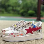 BAPE STA SK8 Low-Top Shoes in Beige White and Red with Graffiti