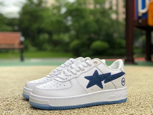 BAPE STA SK8 Low-Top Shoes in White and Blue with Crystal Sole