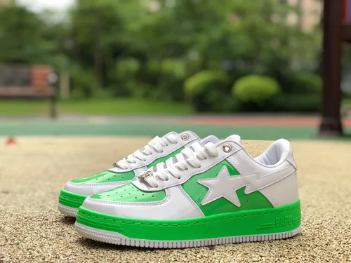 BAPE STA SK8 Low-Top Shoes in White and Green with Patent Leather