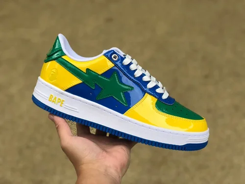 BAPE STA SK8 Low-Top Shoes in Yellow Green and Blue with Patent Leather