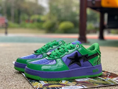 Marvel x BAPE STA SK8 Low-Top Shoes in Green Purple and Black