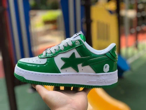 BAPE STA SK8 Low-Top Shoes in White and Green with Patent Leather