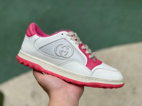 Gucci MAC80 White Pink Distressed Leather Low Top Fashion Sneakers