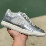 Gucci MAC80 Silver Distressed Leather Low Top Fashion Sneakers