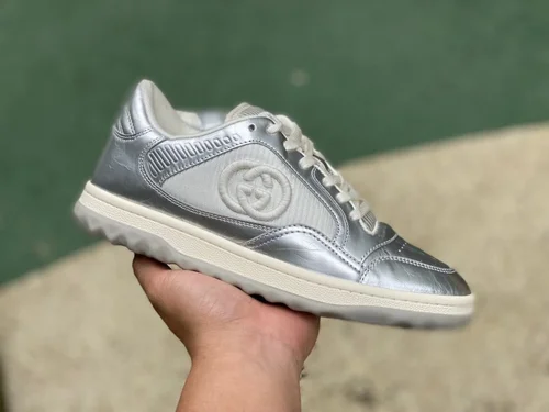 Gucci MAC80 Silver Distressed Leather Low Top Fashion Sneakers