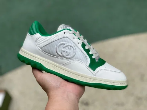 Gucci MAC80 White Green Distressed Leather Low Top Fashion Sneakers