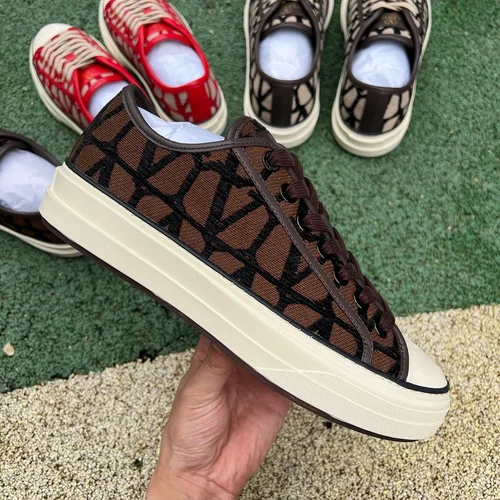 Valentino Leather Sneakers with Checkered Print in Brown & Black