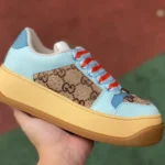 GUCCI Screener Padded Leather GG Canvas Platform Sneakers for Women in Blue & Brown