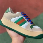 GUCCI Screener Padded Leather GG Canvas Platform Sneakers in Grey Green & Blue