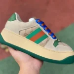 GUCCI Screener Padded Leather GG Canvas Platform Sneakers in Grey & Green