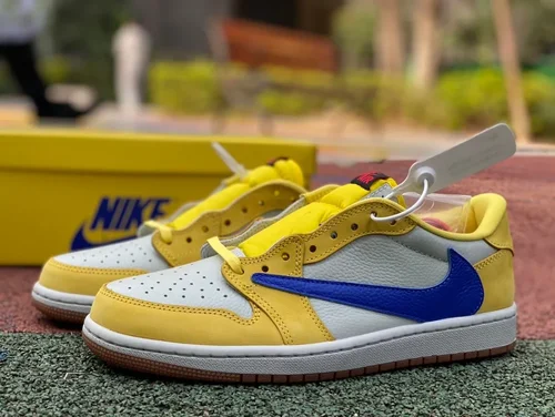 Travis Scott x Air Jordan 1 Low DZ4137-700 White Yellow Blue Canary Reverse Swoosh