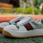 GUCCI Screener Padded Leather Cut-Out Platform Sneakers in White & Green