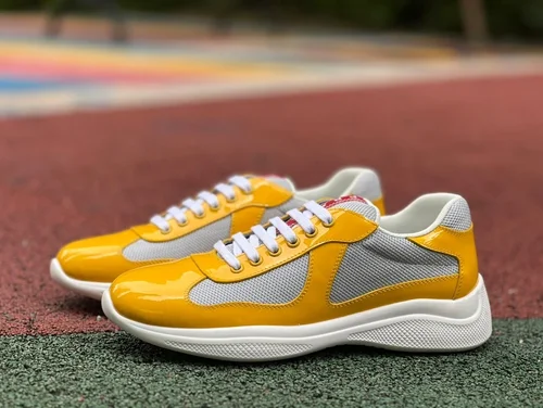 PRADA Grey Yellow Patent Leather Low Top Casual Sneakers