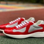 PRADA Grey Red Patent Leather Low Top Casual Sneakers