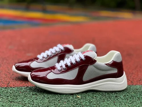 PRADA Grey Burgundy Patent Leather Low Top Casual Sneakers