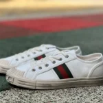 GUCCI Cotton Round-Toe Lace-Up Low-Top Sneakers in White