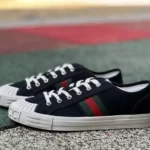 GUCCI Cotton Round-Toe Lace-Up Low-Top Sneakers in Black & Red