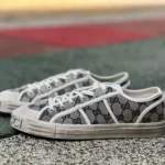 GUCCI Cotton Round-Toe Lace-Up Low-Top Sneakers in Grey