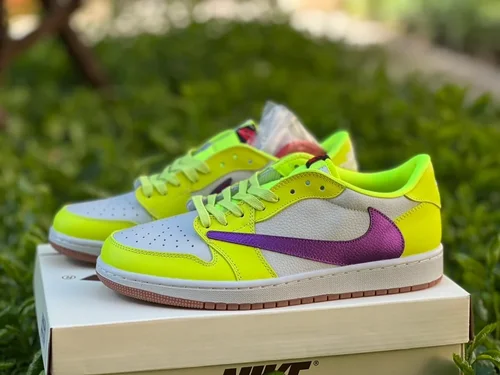 Travis Scott x Air Jordan 1 Low Golf DM7866-666 White Purple Fluorescent Green Reverse Swoosh