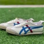 Onitsuka Tiger Mexico 66 Leather Sneakers in White Grey Blue & Red