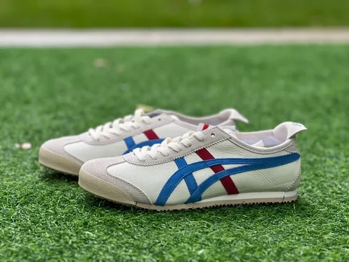 Onitsuka Tiger Mexico 66 Leather Sneakers in White Grey Blue & Red