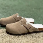 Birkenstock Fur Lined Suede Half-Drag Grey Brown