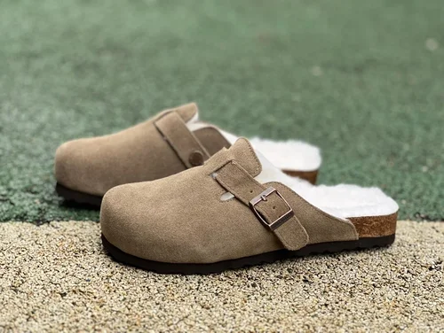 Birkenstock Fur Lined Suede Half-Drag Grey Brown