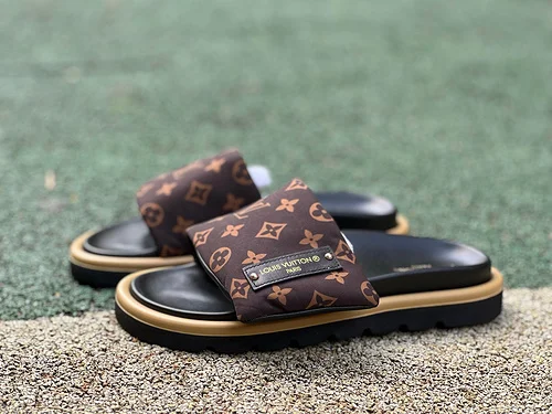 LOUIS VUITTON Monogram Print One-Strap Slides Brown