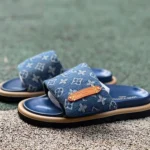 LOUIS VUITTON Monogram Print One-Strap Slides Blue