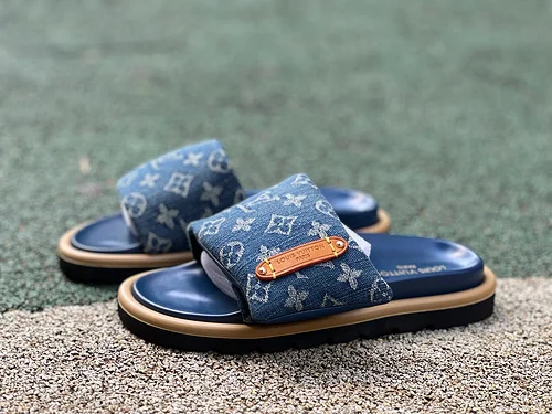 LOUIS VUITTON Monogram Print One-Strap Slides Blue
