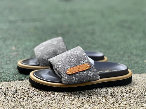 LOUIS VUITTON Monogram Print One-Strap Slides Grey