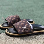 LOUIS VUITTON Monogram Print One-Strap Slides Brown Black