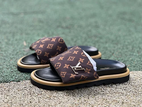LOUIS VUITTON Monogram Print One-Strap Slides Brown Black