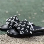 LV LOUIS VUITTON Miami Textile One-Strap Slides Black White