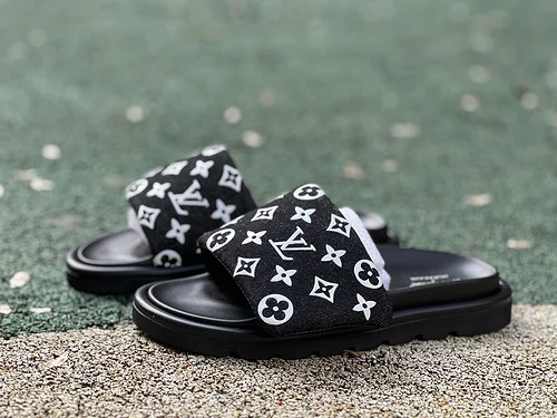 LV LOUIS VUITTON Miami Textile One-Strap Slides Black White