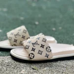 LV LOUIS VUITTON Miami Textile One-Strap Slides Beige