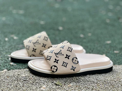 LV LOUIS VUITTON Miami Textile One-Strap Slides Beige
