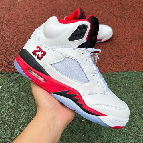 AJ5 White Red Fire Red Black Tongue Sneakers HQ7978-101