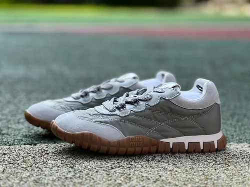 Miu Miu Tyre Suede Trainer Shoes Beige Grey