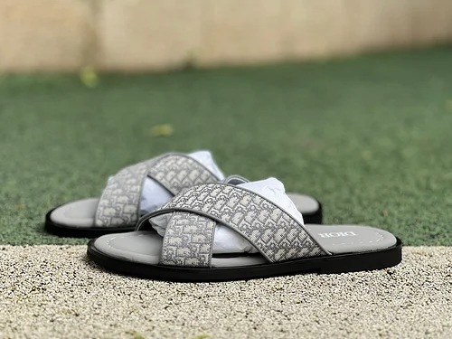 Dior Alias Calfskin Flat Slides Grey Men's Beige