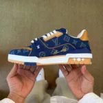 LV Trainer Top Luxury Embroidered Blue Brown Denim