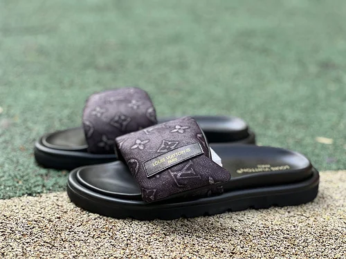LOUIS VUITTON Monogram Print One-Strap Slides Black Purple